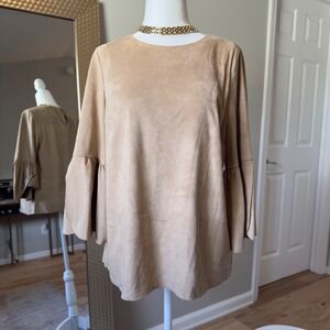 Crown & Ivy Womens Beige Top Bell Sleeve Faux Suede Blouse Size S